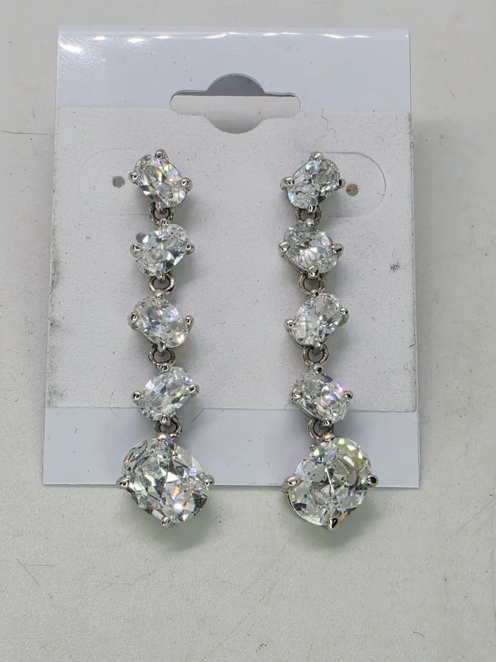 Silver Tone Graduated Oval Cubic Zirconia Tennis Drop Earrings Bling Wedding